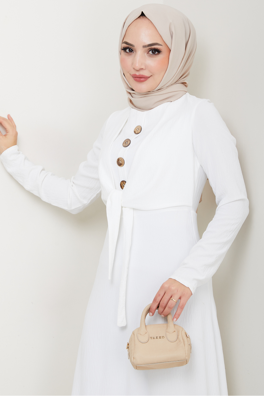 Bağlama Detaylı Tesettür Elbise -BEYAZ