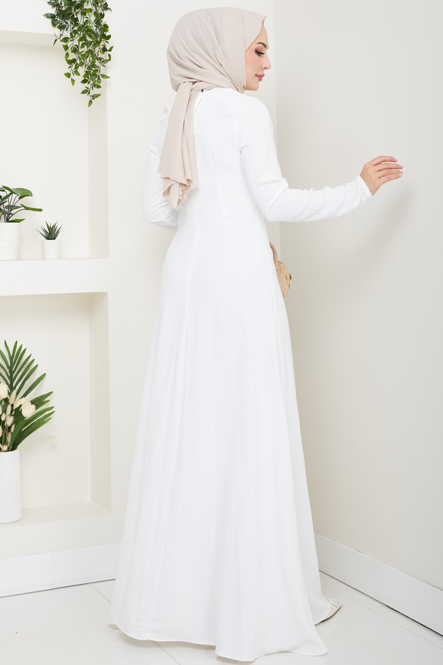 Bağlama Detaylı Tesettür Elbise -BEYAZ