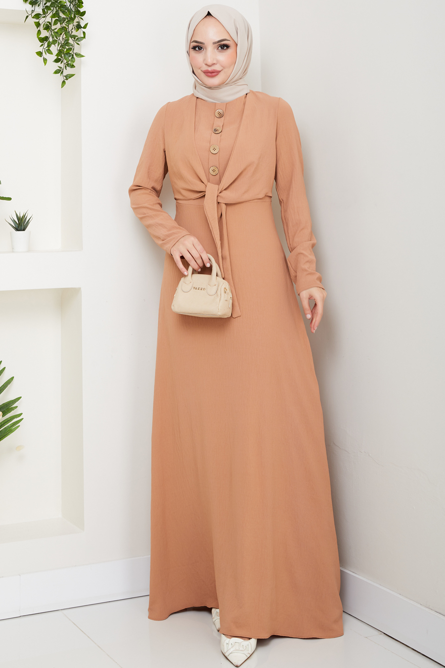 Bağlama Detaylı Tesettür Elbise - Bakır
