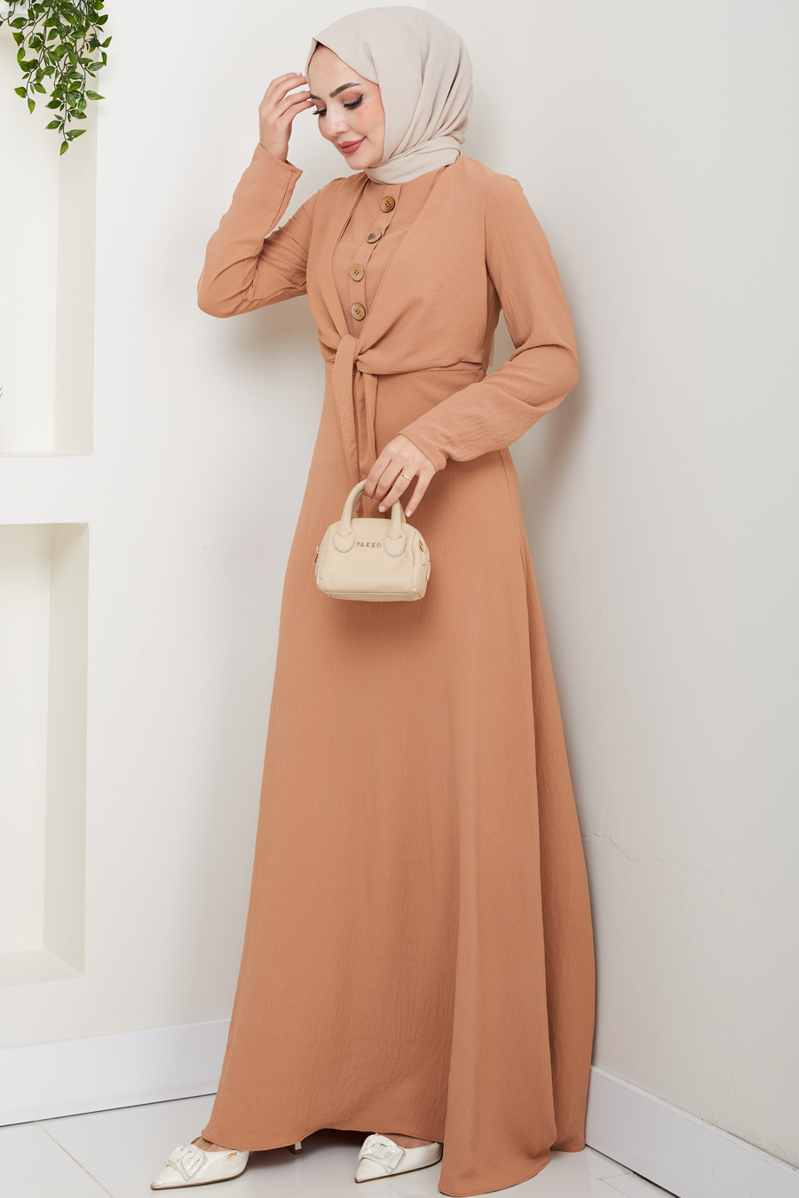 Bağlama Detaylı Tesettür Elbise - Bakır