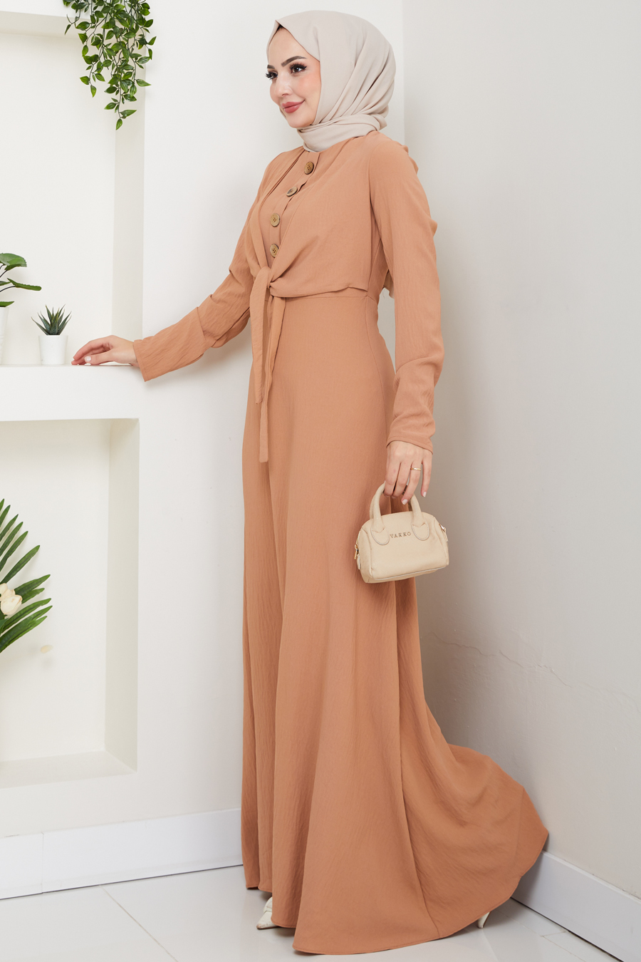 Bağlama Detaylı Tesettür Elbise - Bakır