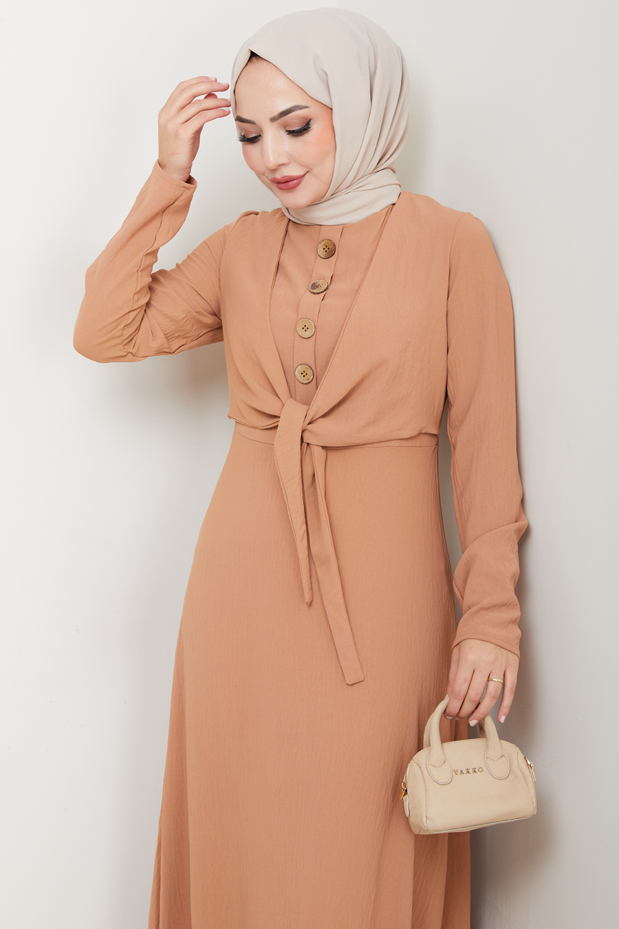 Bağlama Detaylı Tesettür Elbise - Bakır
