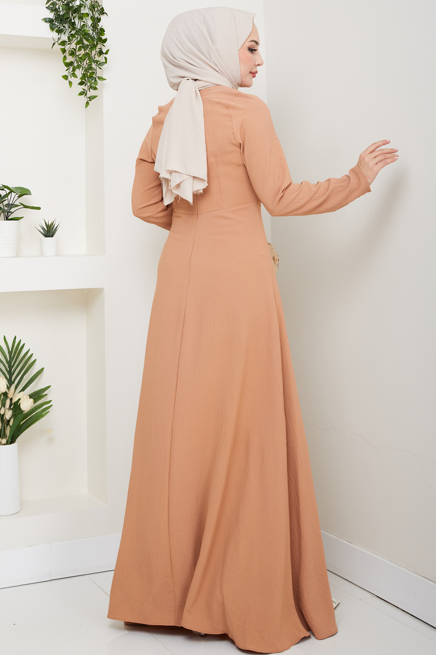 Bağlama Detaylı Tesettür Elbise - Bakır