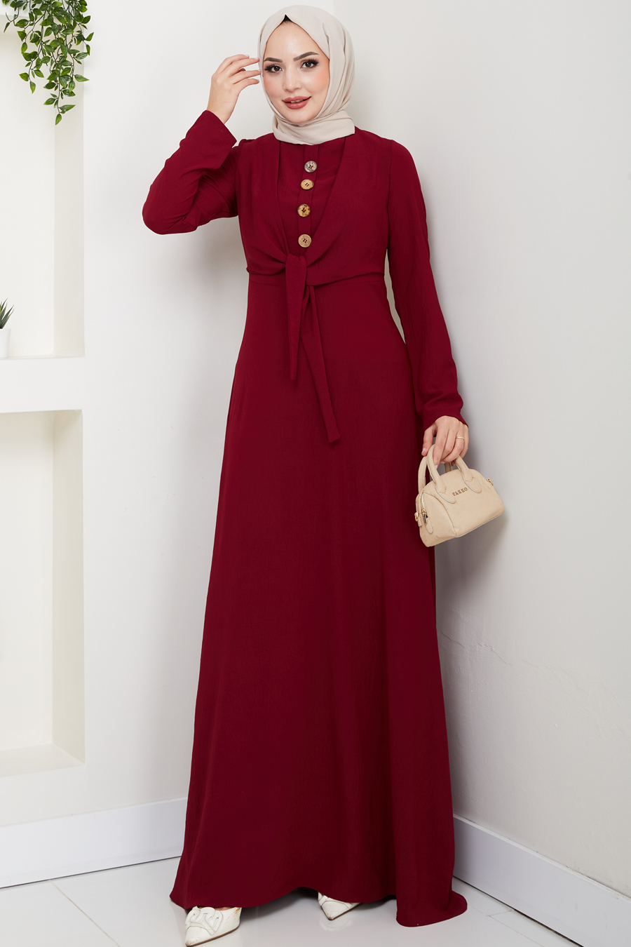 Bağlama Detaylı Tesettür Elbise - Bordo