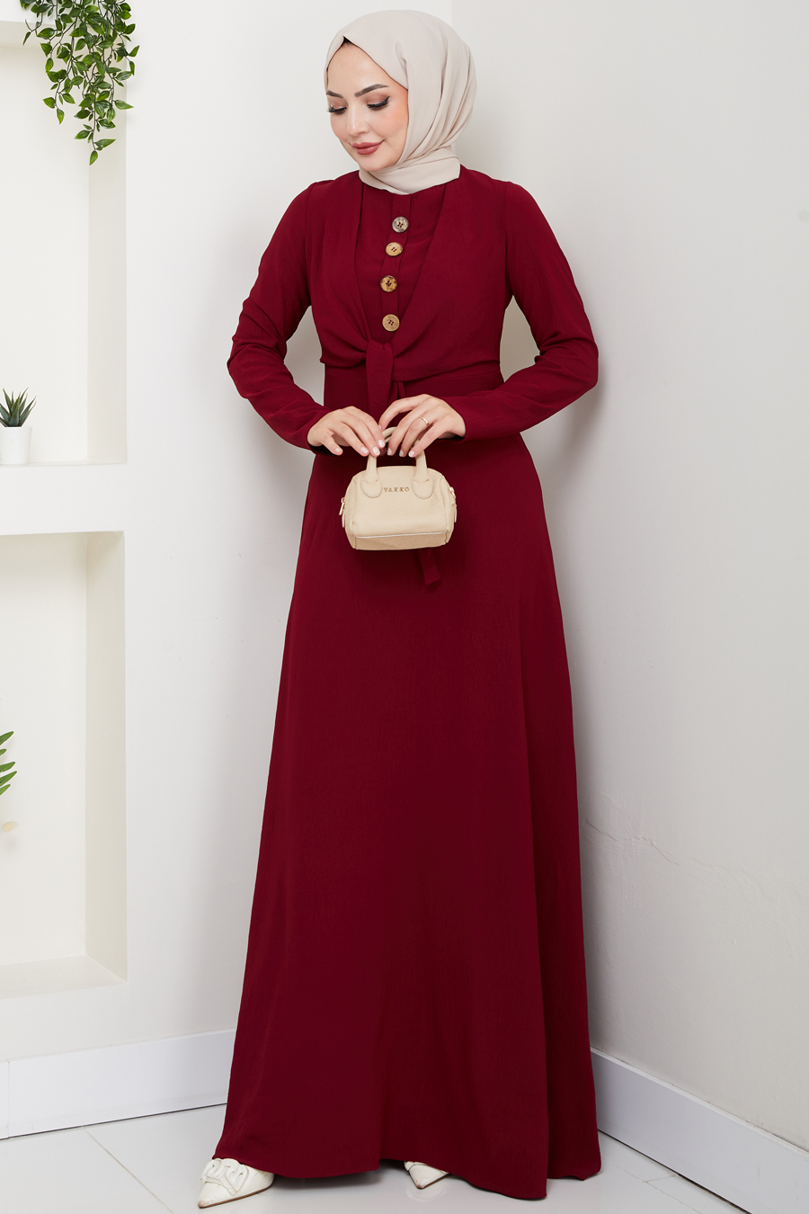 Bağlama Detaylı Tesettür Elbise - Bordo