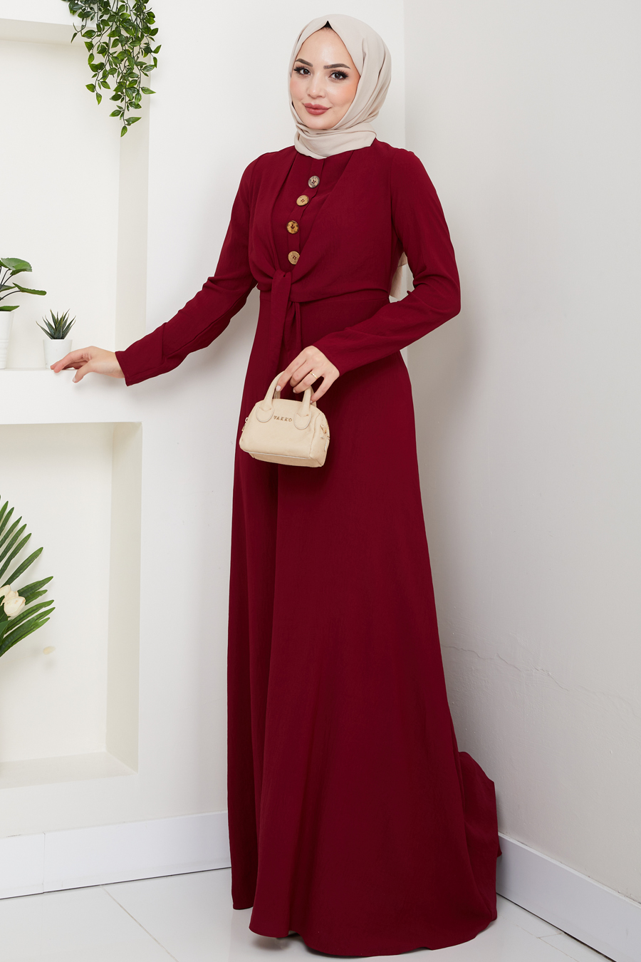 Bağlama Detaylı Tesettür Elbise - Bordo