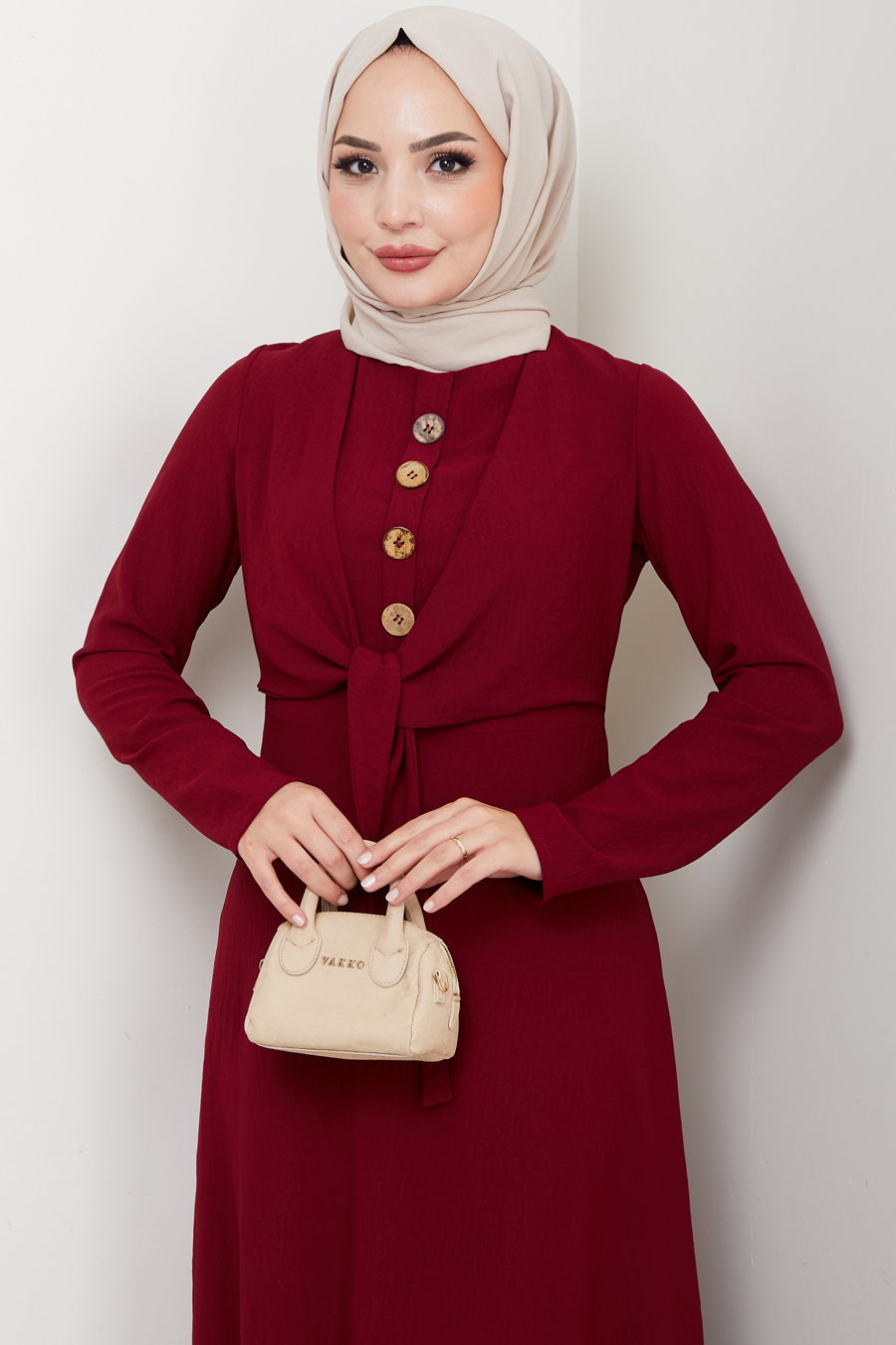 Bağlama Detaylı Tesettür Elbise - Bordo