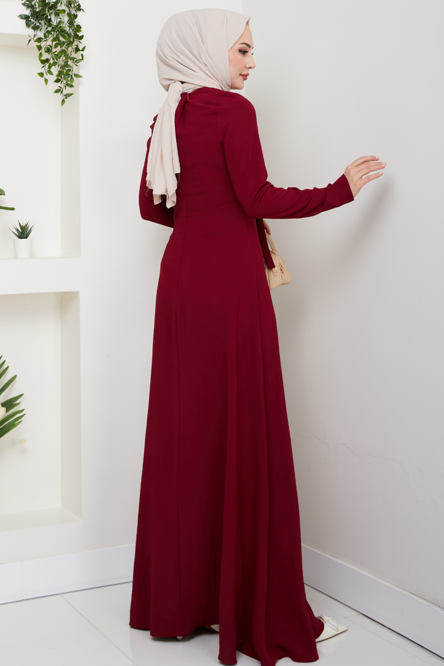 Bağlama Detaylı Tesettür Elbise - Bordo