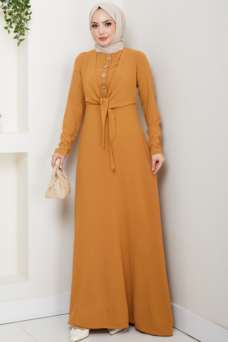 Bağlama Detaylı Tesettür Elbise - Hardal