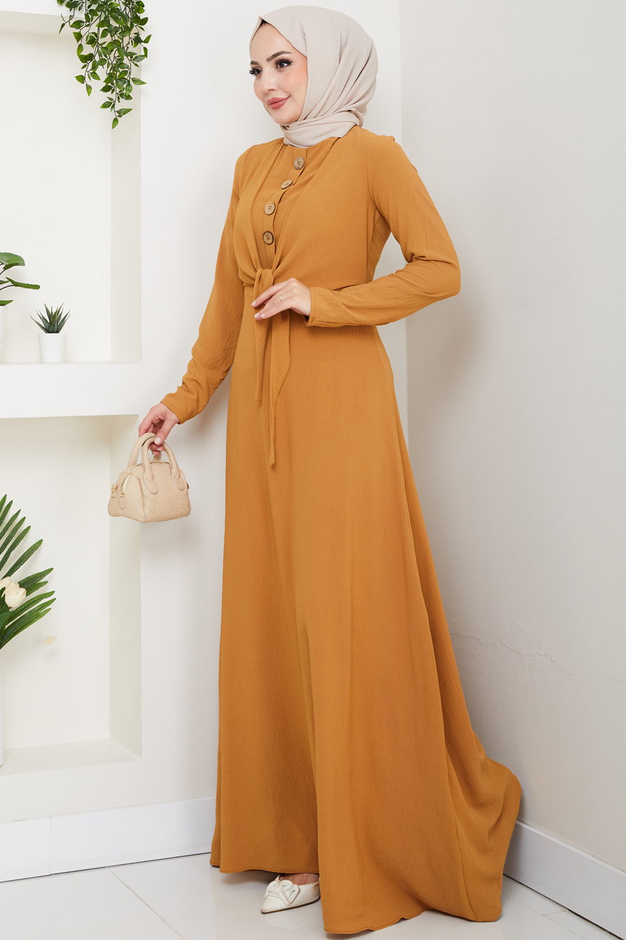 Bağlama Detaylı Tesettür Elbise - Hardal