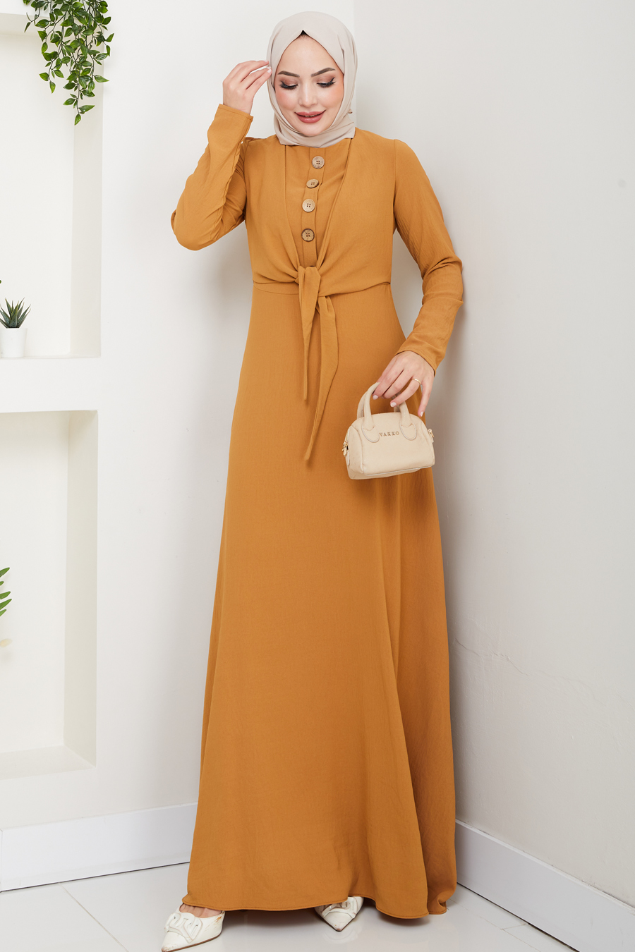 Bağlama Detaylı Tesettür Elbise - Hardal
