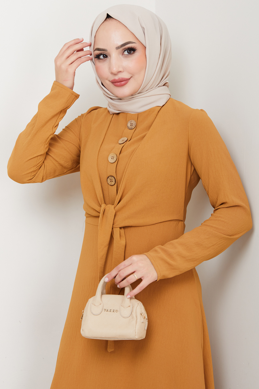 Bağlama Detaylı Tesettür Elbise - Hardal