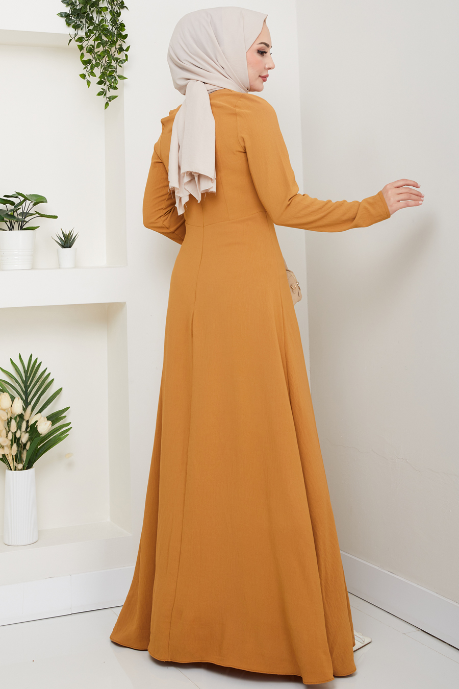 Bağlama Detaylı Tesettür Elbise - Hardal