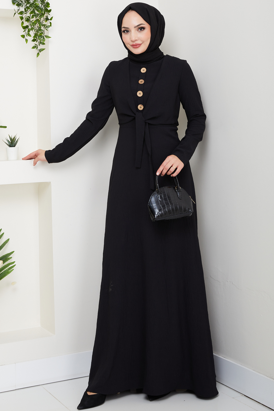 Bağlama Detaylı Tesettür Elbise - Siyah