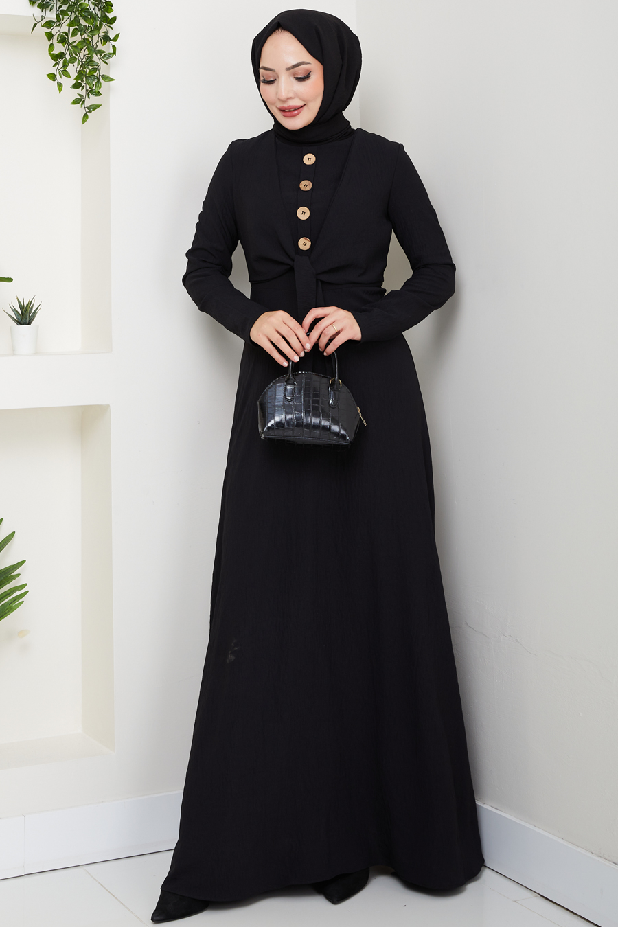 Bağlama Detaylı Tesettür Elbise - Siyah