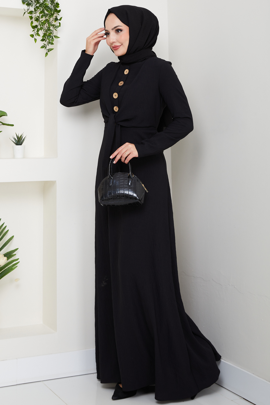 Bağlama Detaylı Tesettür Elbise - Siyah