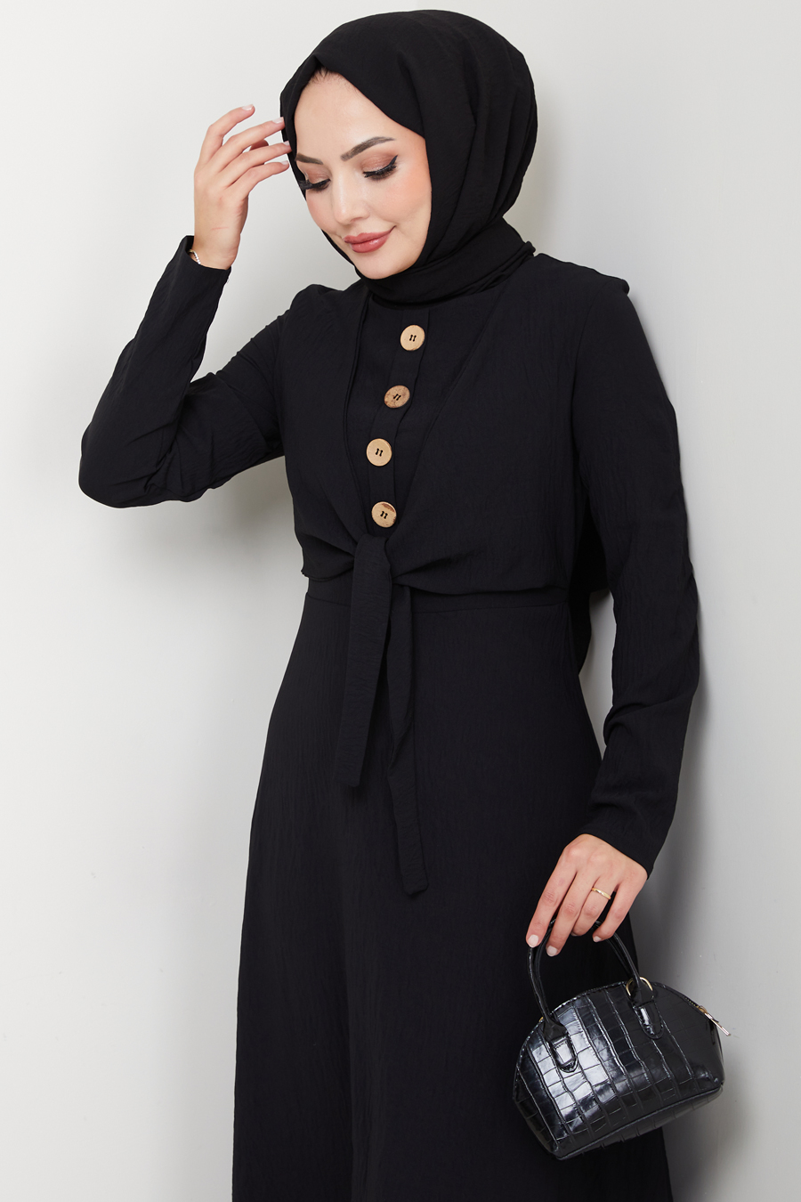 Bağlama Detaylı Tesettür Elbise - Siyah