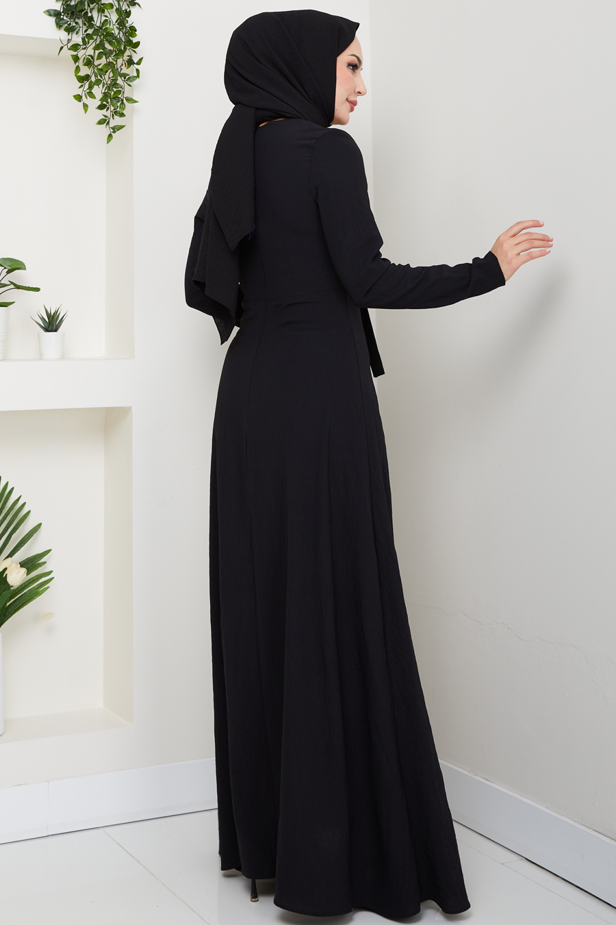 Bağlama Detaylı Tesettür Elbise - Siyah