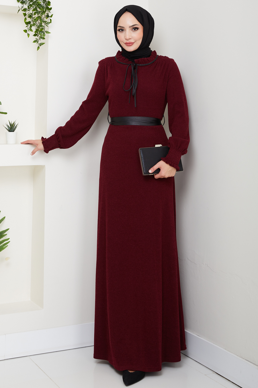 Deri Kemerli Tesettür Elbise - Bordo