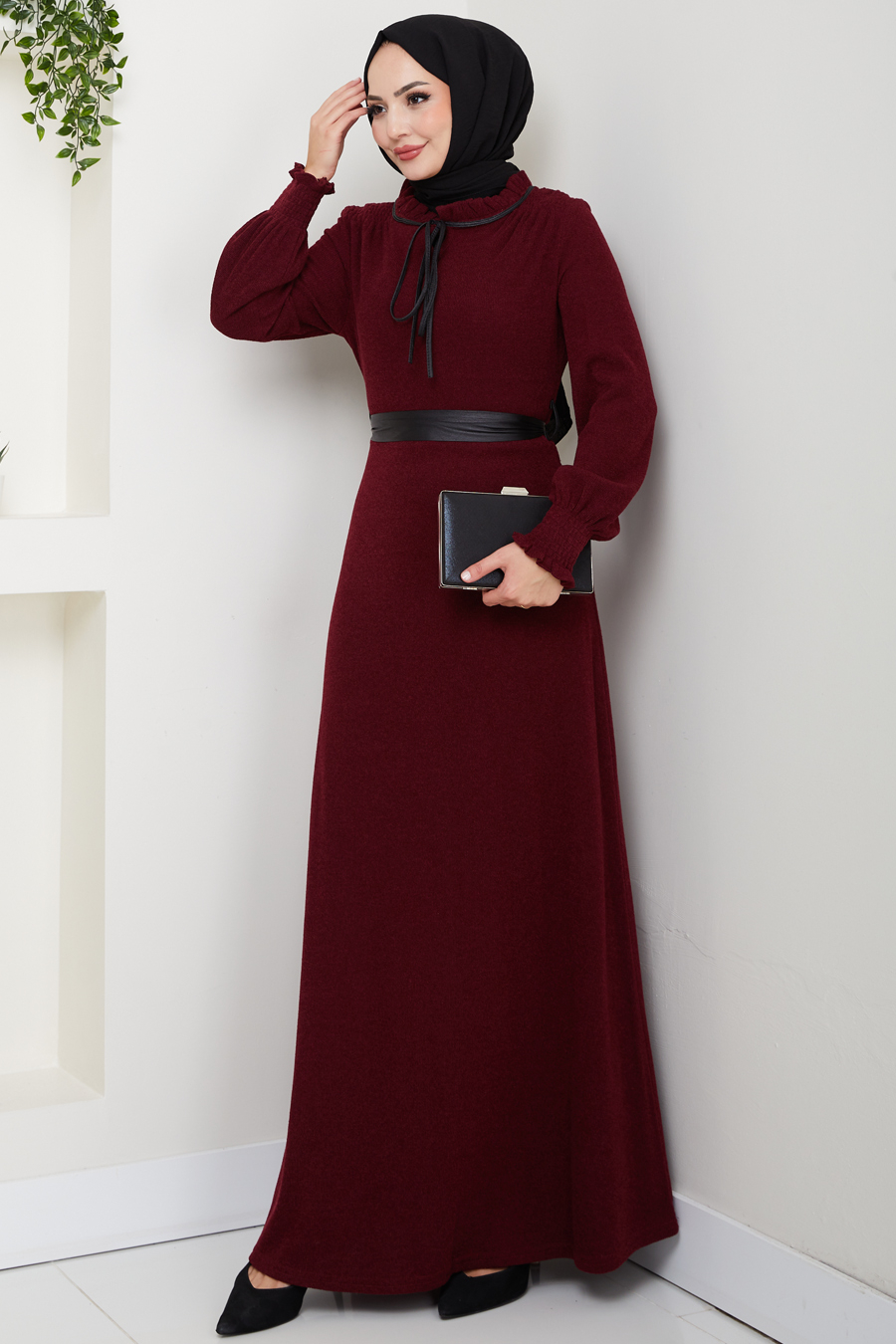 Deri Kemerli Tesettür Elbise - Bordo