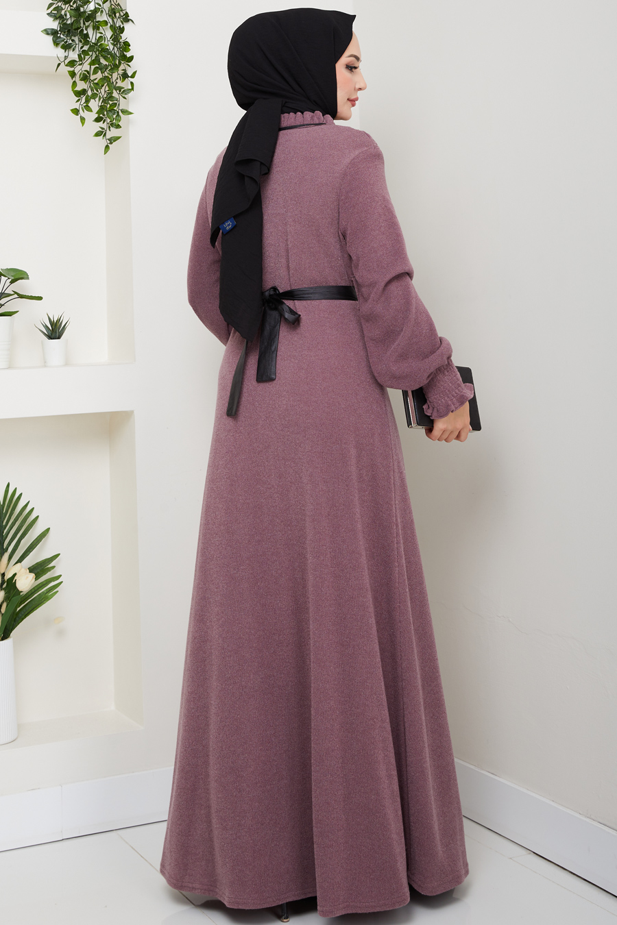 Deri Kemerli Tesettür Elbise - Gülkurusu 