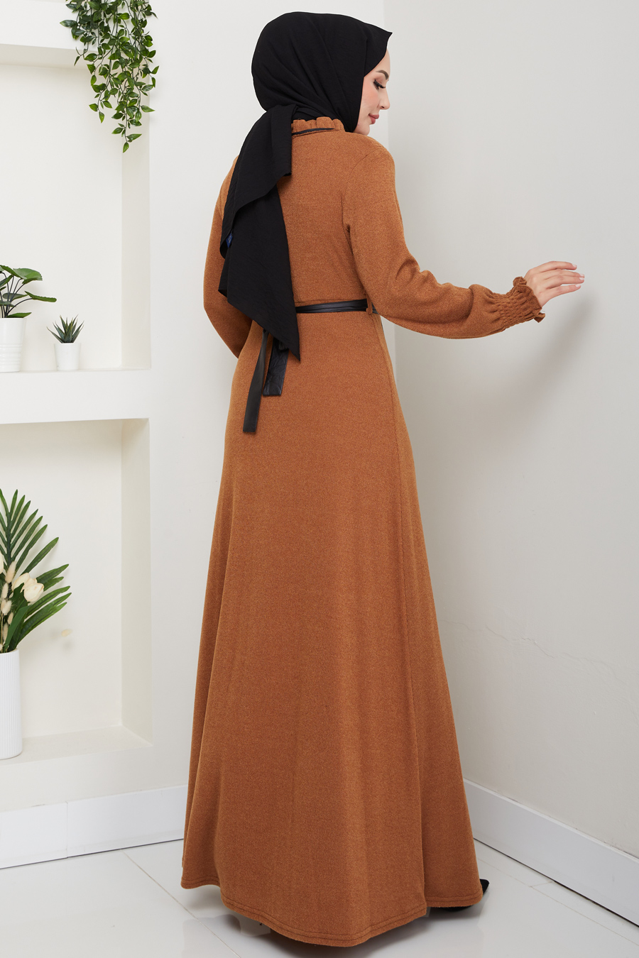 Deri Kemerli Tesettür Elbise - Taba