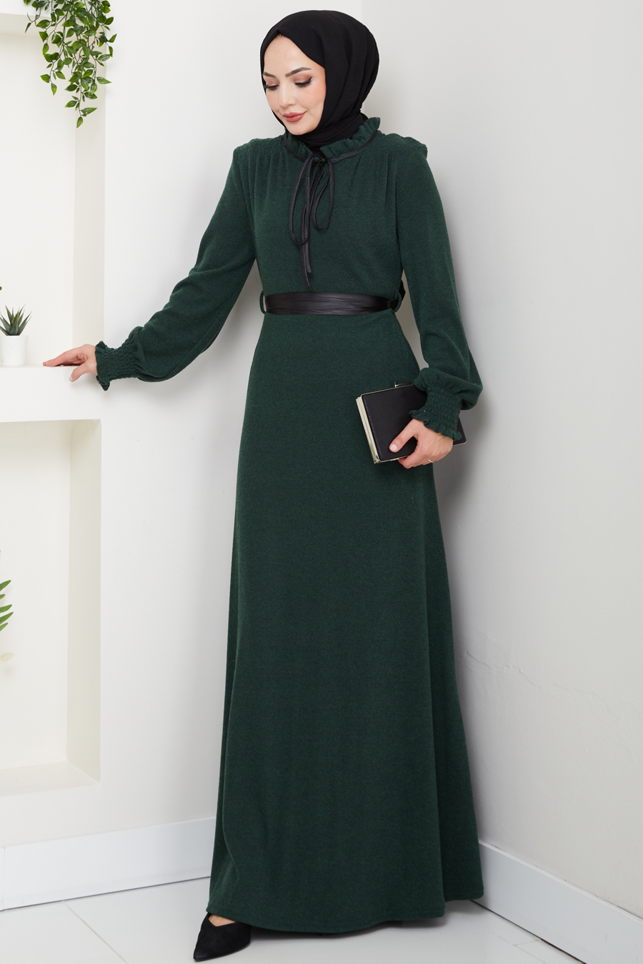 Deri Kemerli Tesettür Elbise - YEŞİL