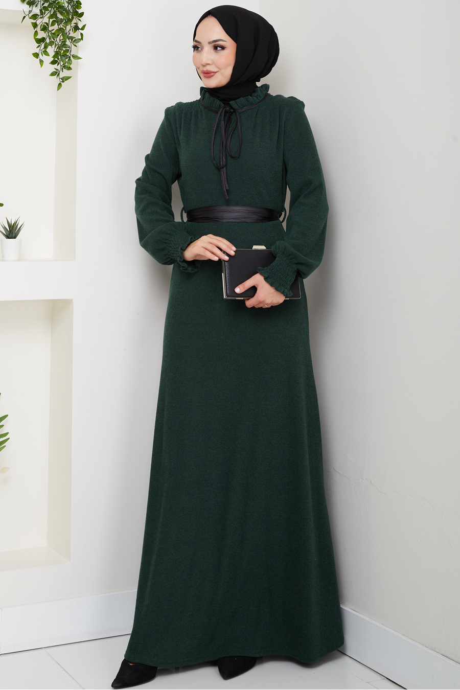Deri Kemerli Tesettür Elbise - YEŞİL