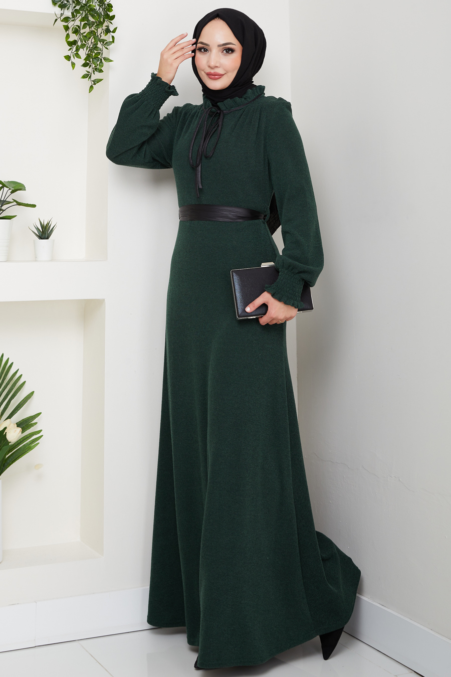 Deri Kemerli Tesettür Elbise - YEŞİL