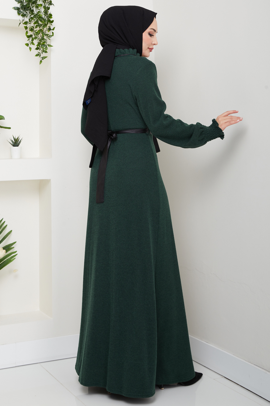 Deri Kemerli Tesettür Elbise - YEŞİL