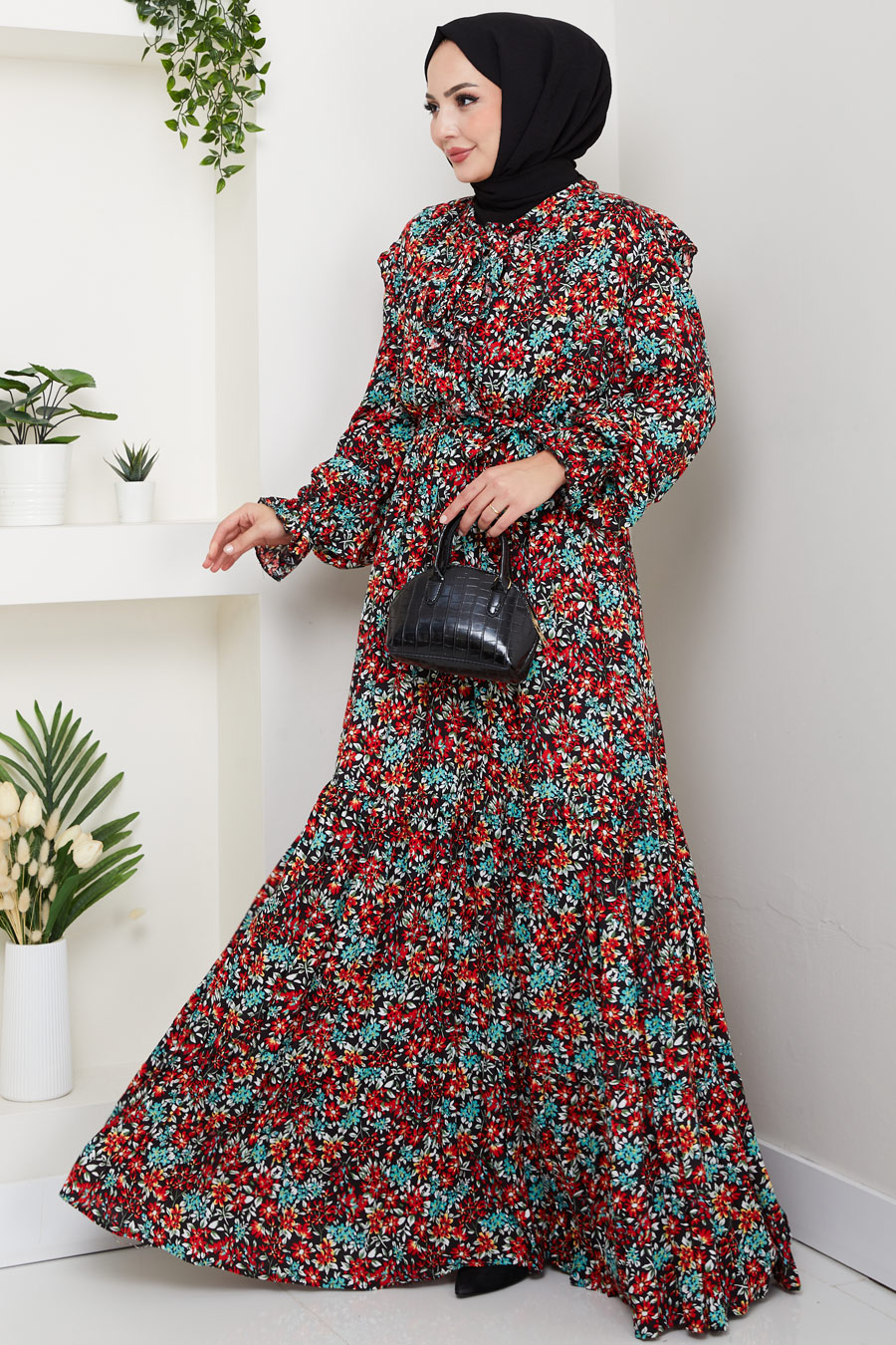 Çiçek Desenli Tesettür Elbise - Kırmızı
