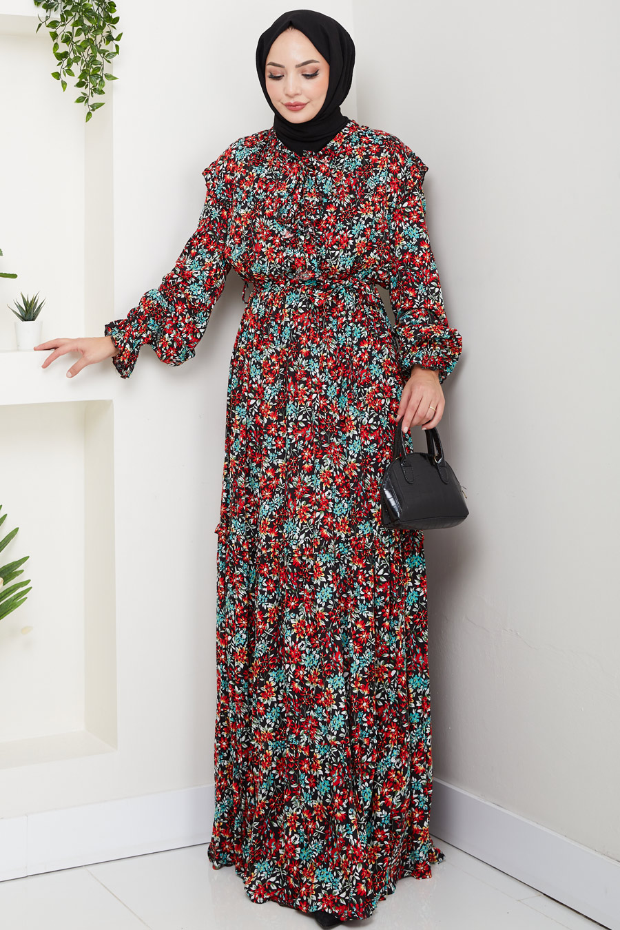 Çiçek Desenli Tesettür Elbise - Kırmızı