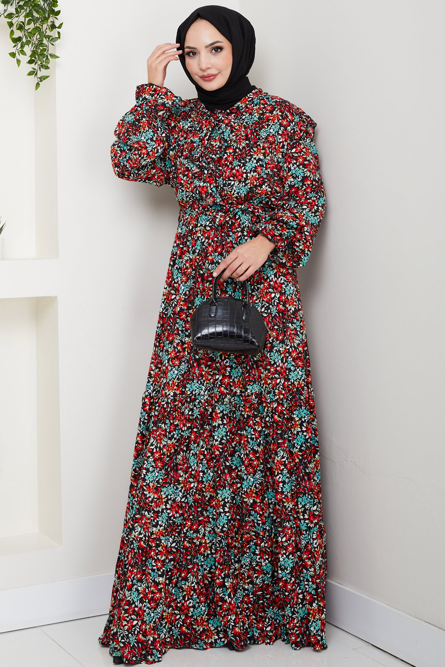 Çiçek Desenli Tesettür Elbise - Kırmızı