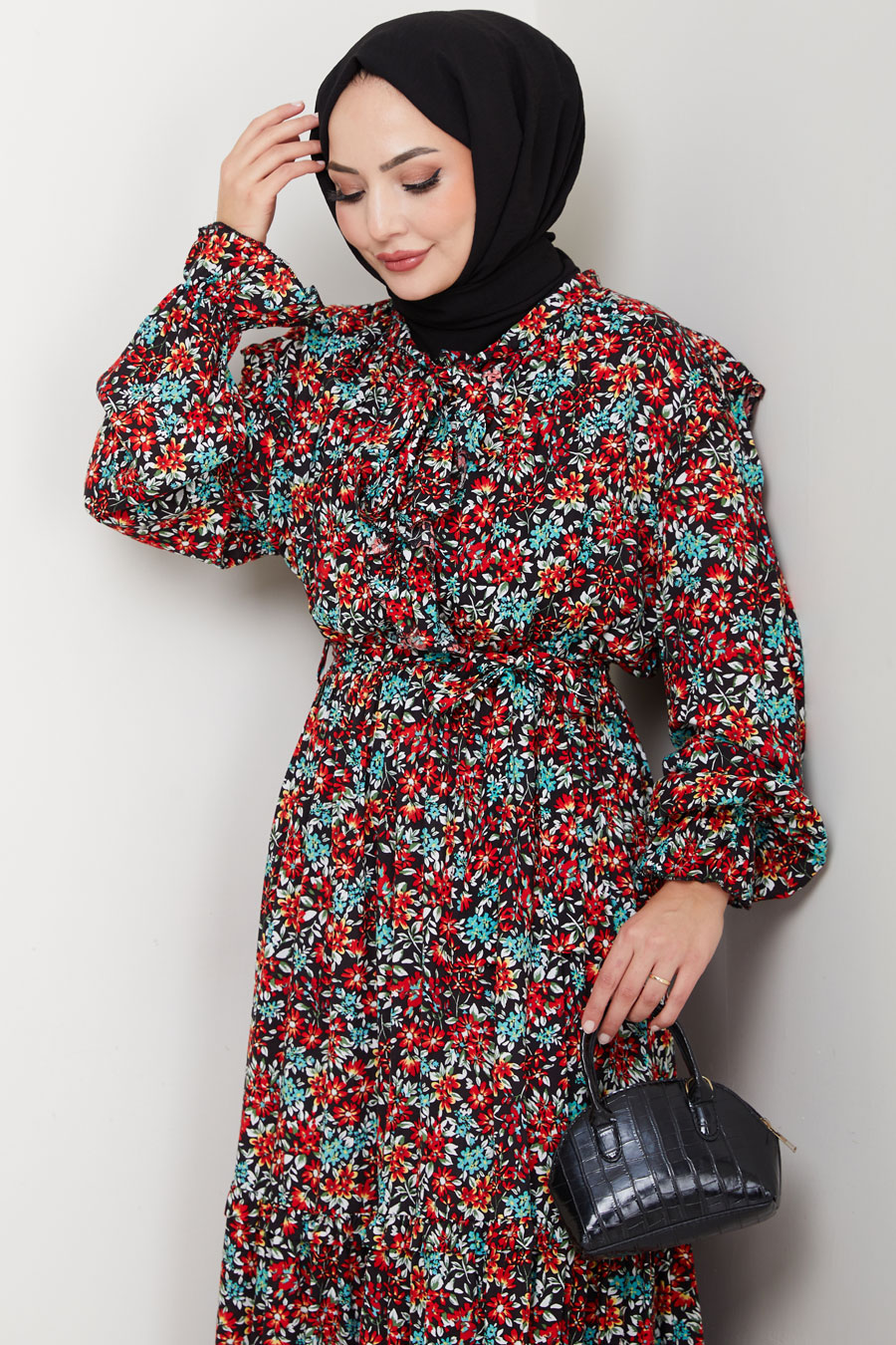 Çiçek Desenli Tesettür Elbise - Kırmızı