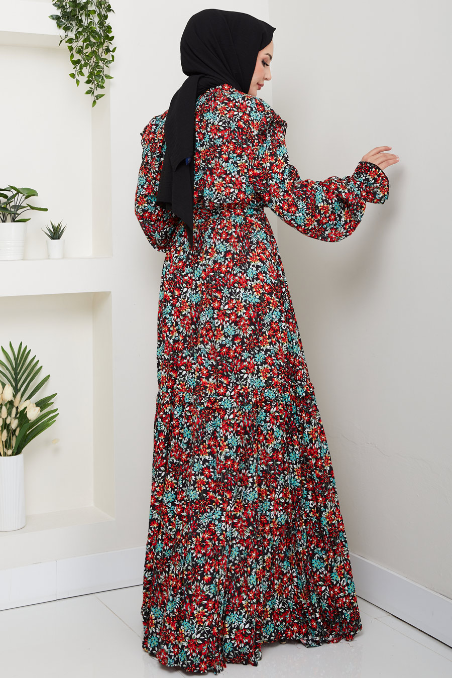 Çiçek Desenli Tesettür Elbise - Kırmızı