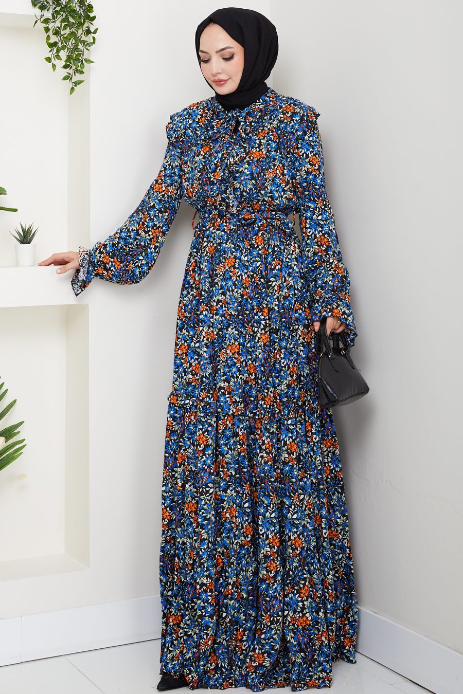 Çiçek Desenli Tesettür Elbise - Mavi