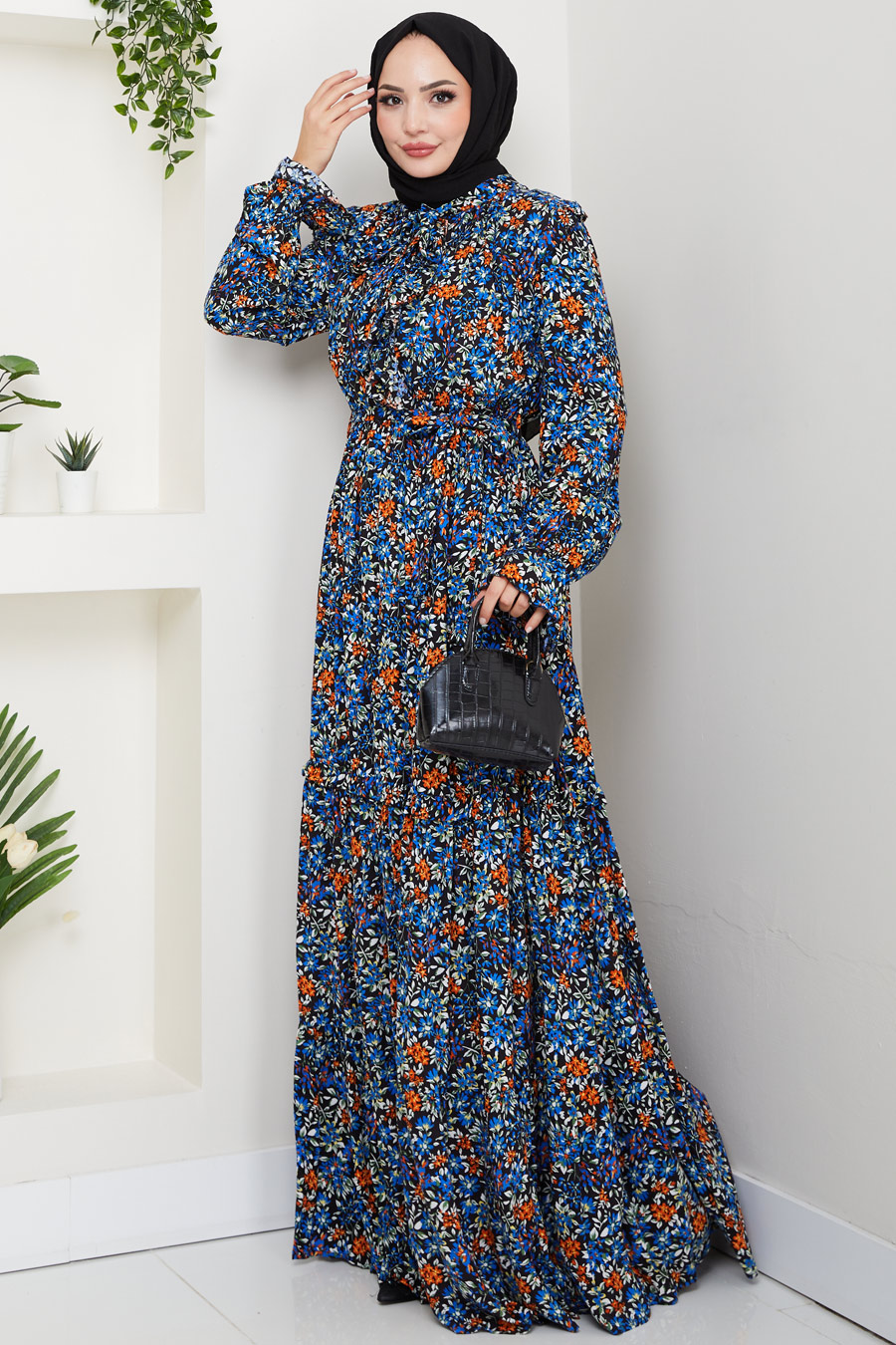 Çiçek Desenli Tesettür Elbise - Mavi