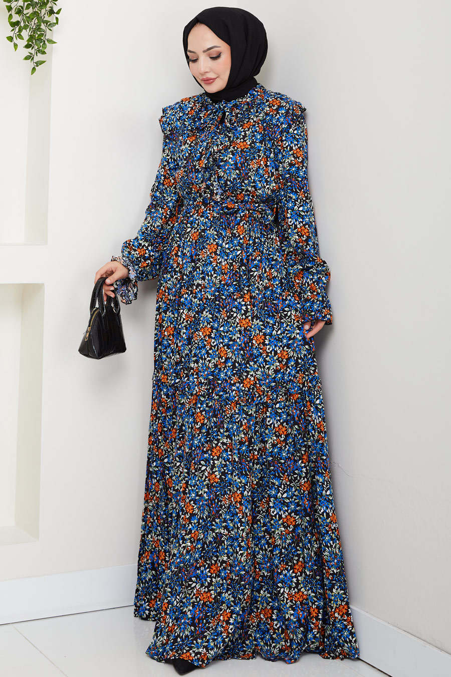 Çiçek Desenli Tesettür Elbise - Mavi