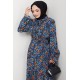 Çiçek Desenli Tesettür Elbise - Mavi