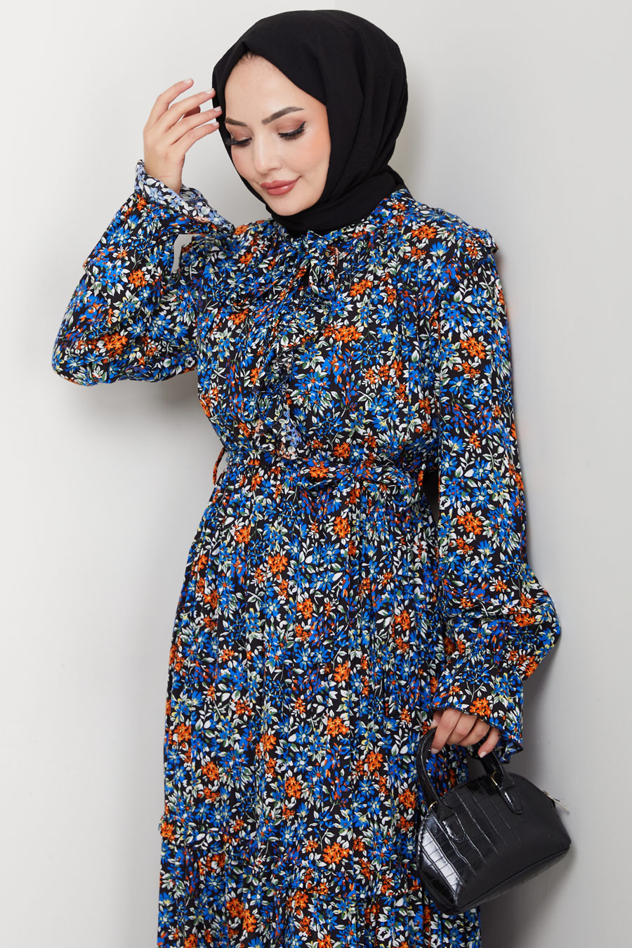 Çiçek Desenli Tesettür Elbise - Mavi