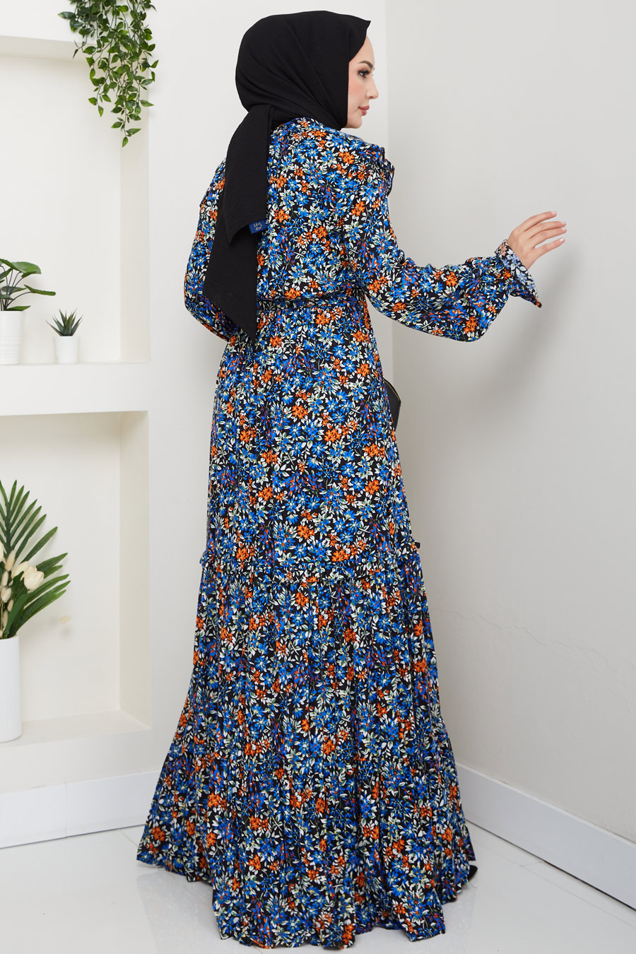 Çiçek Desenli Tesettür Elbise - Mavi