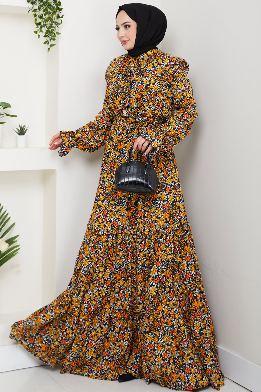 Çiçek Desenli Tesettür Elbise - Hardal
