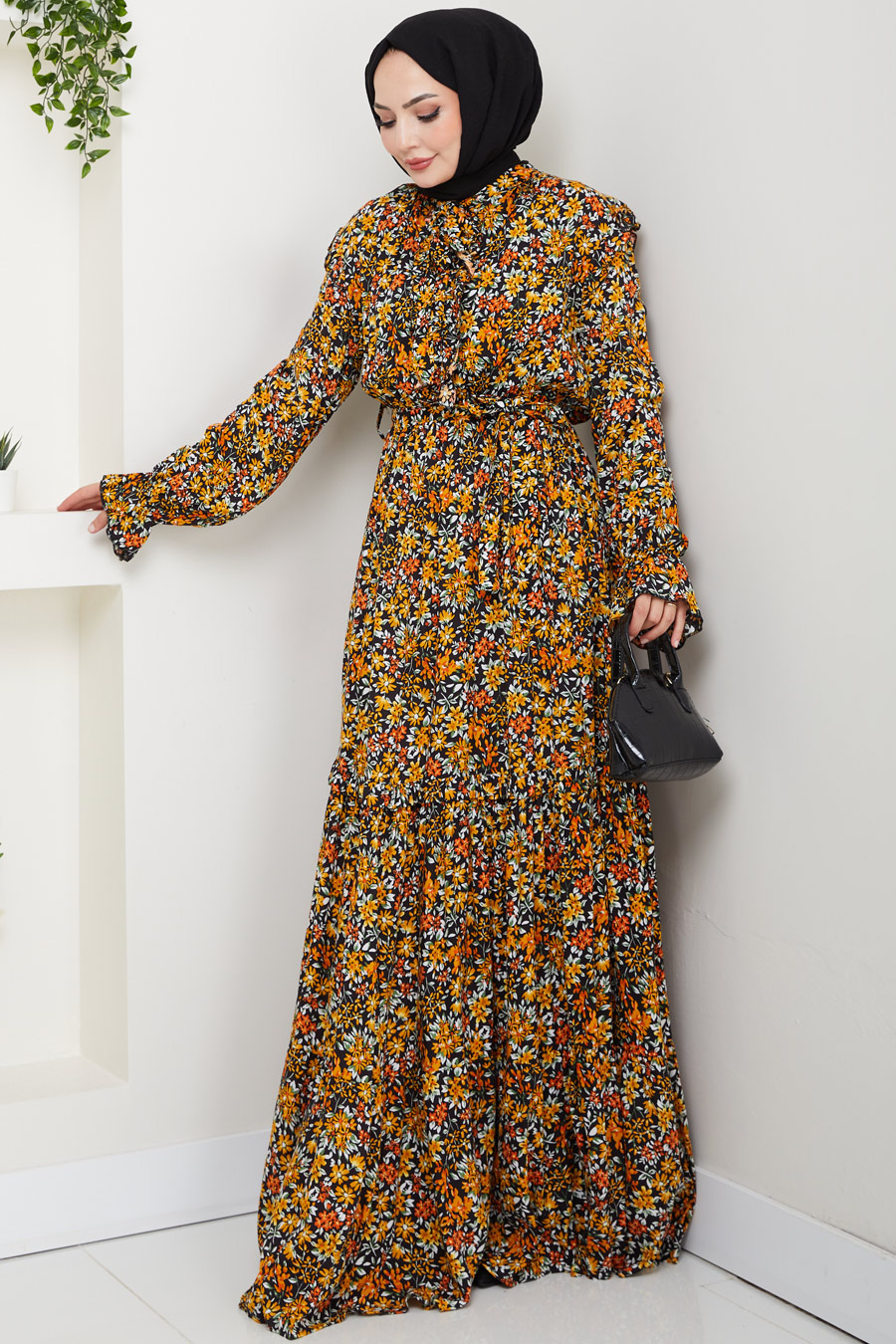 Çiçek Desenli Tesettür Elbise - Hardal