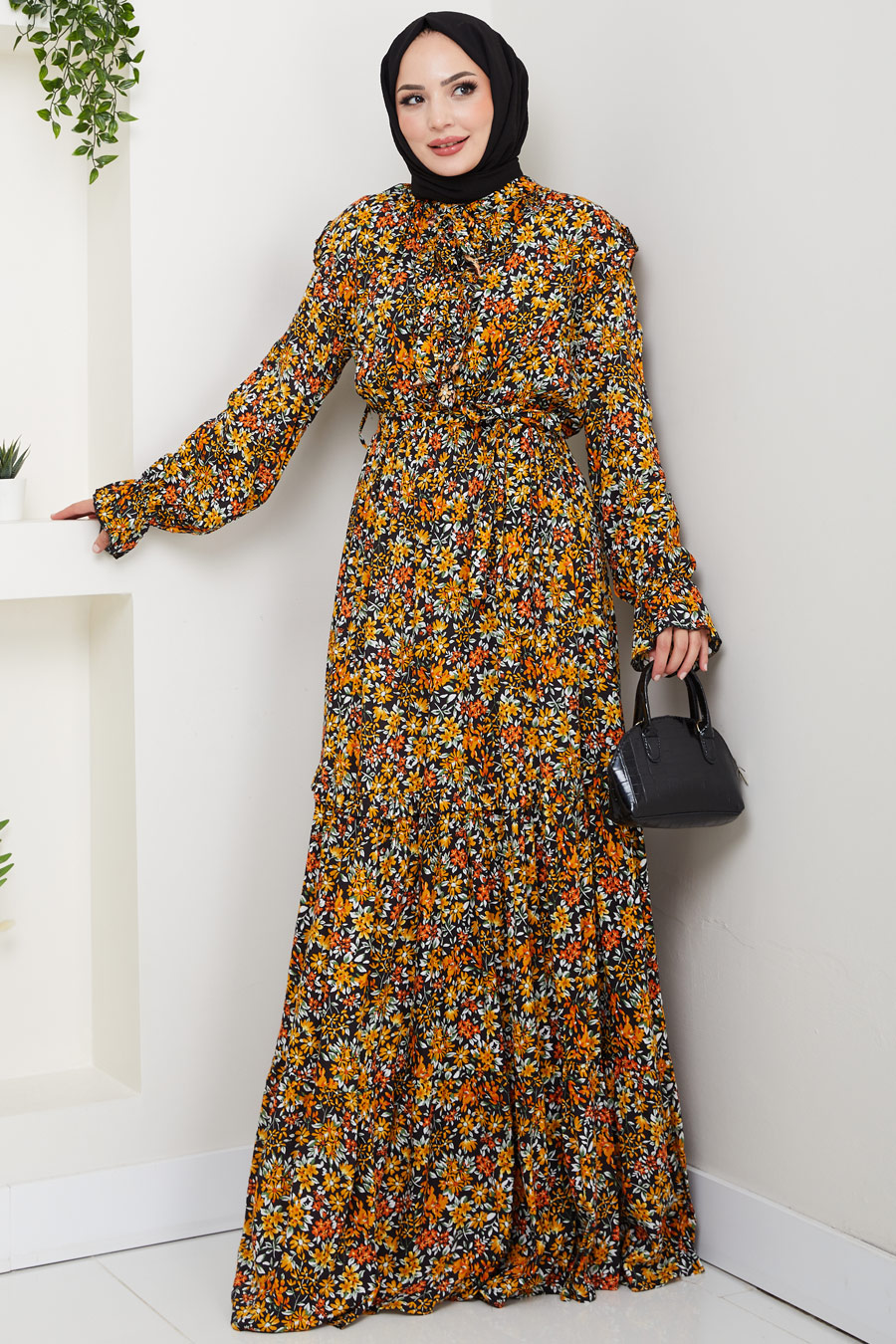 Çiçek Desenli Tesettür Elbise - Hardal