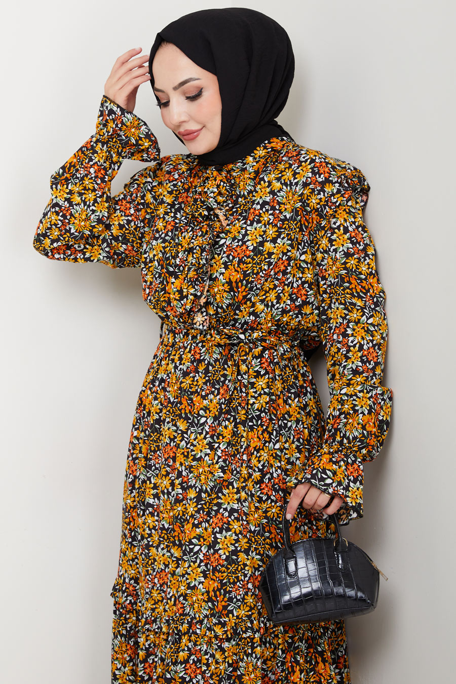 Çiçek Desenli Tesettür Elbise - Hardal