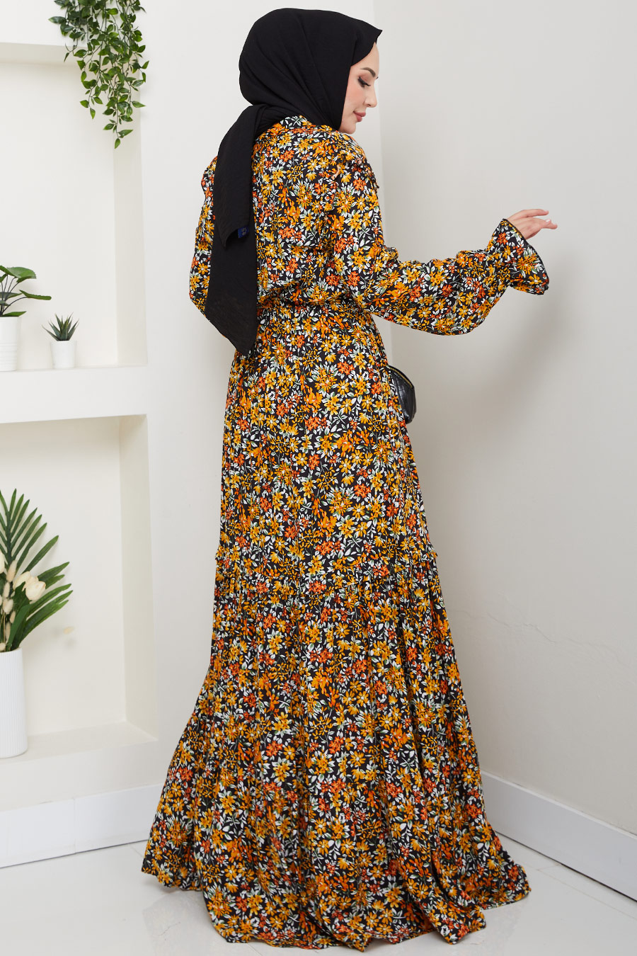 Çiçek Desenli Tesettür Elbise - Hardal