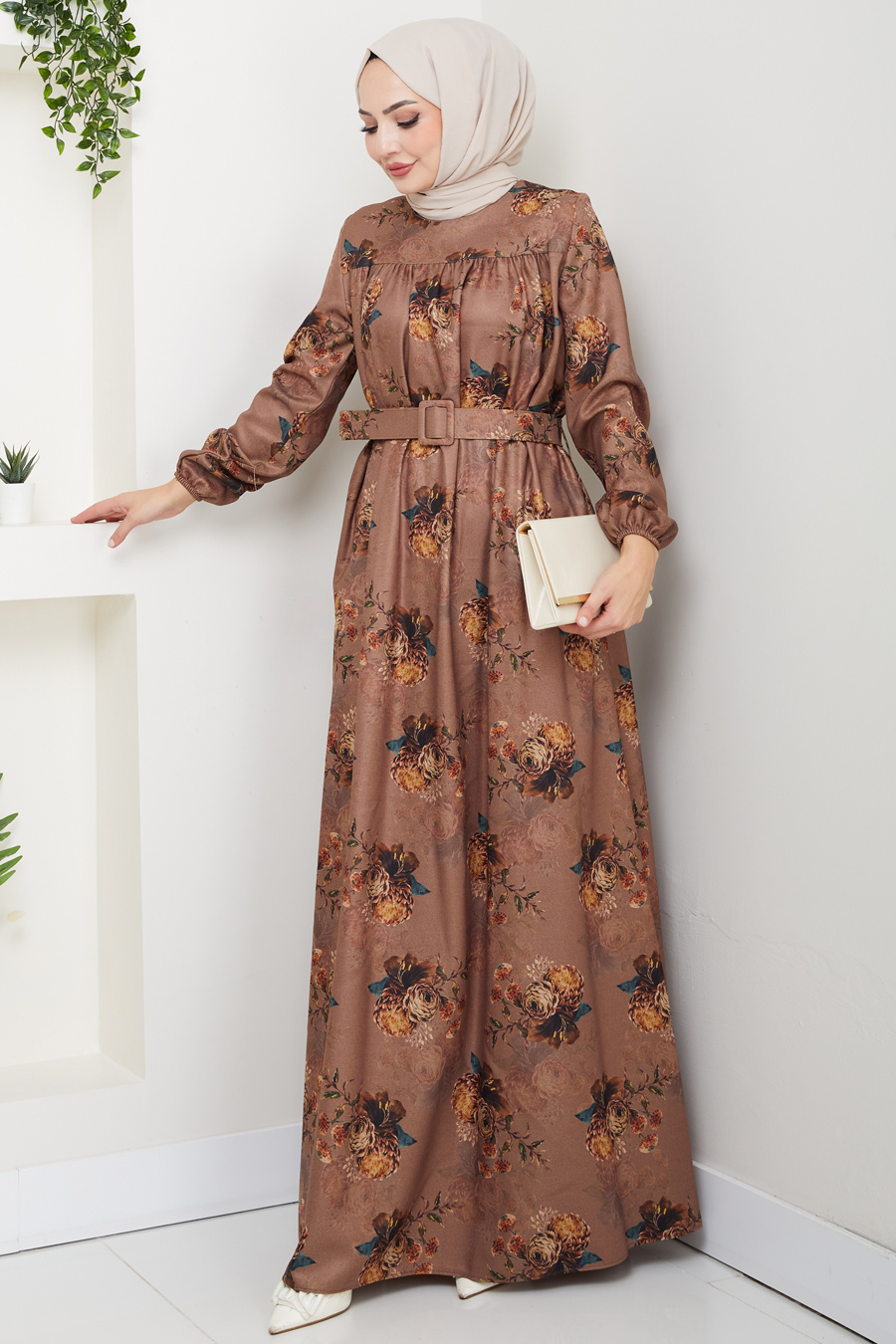 Çiçek Detaylı Tesettür Elbise - Vizon