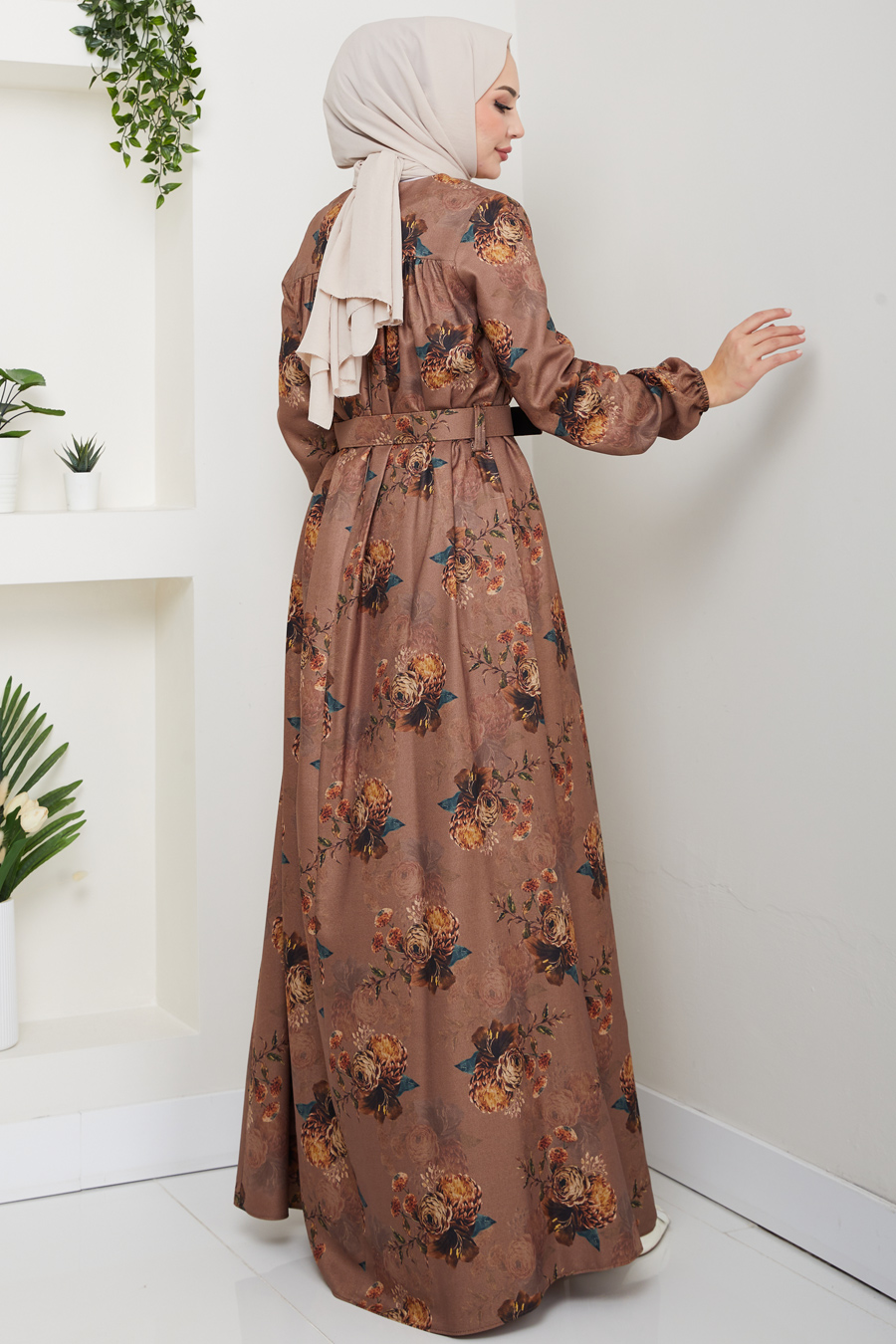 Çiçek Detaylı Tesettür Elbise - Vizon
