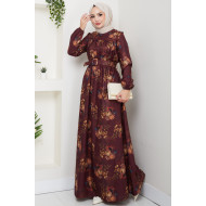 Çiçek Detaylı Tesettür Elbise - Bordo 