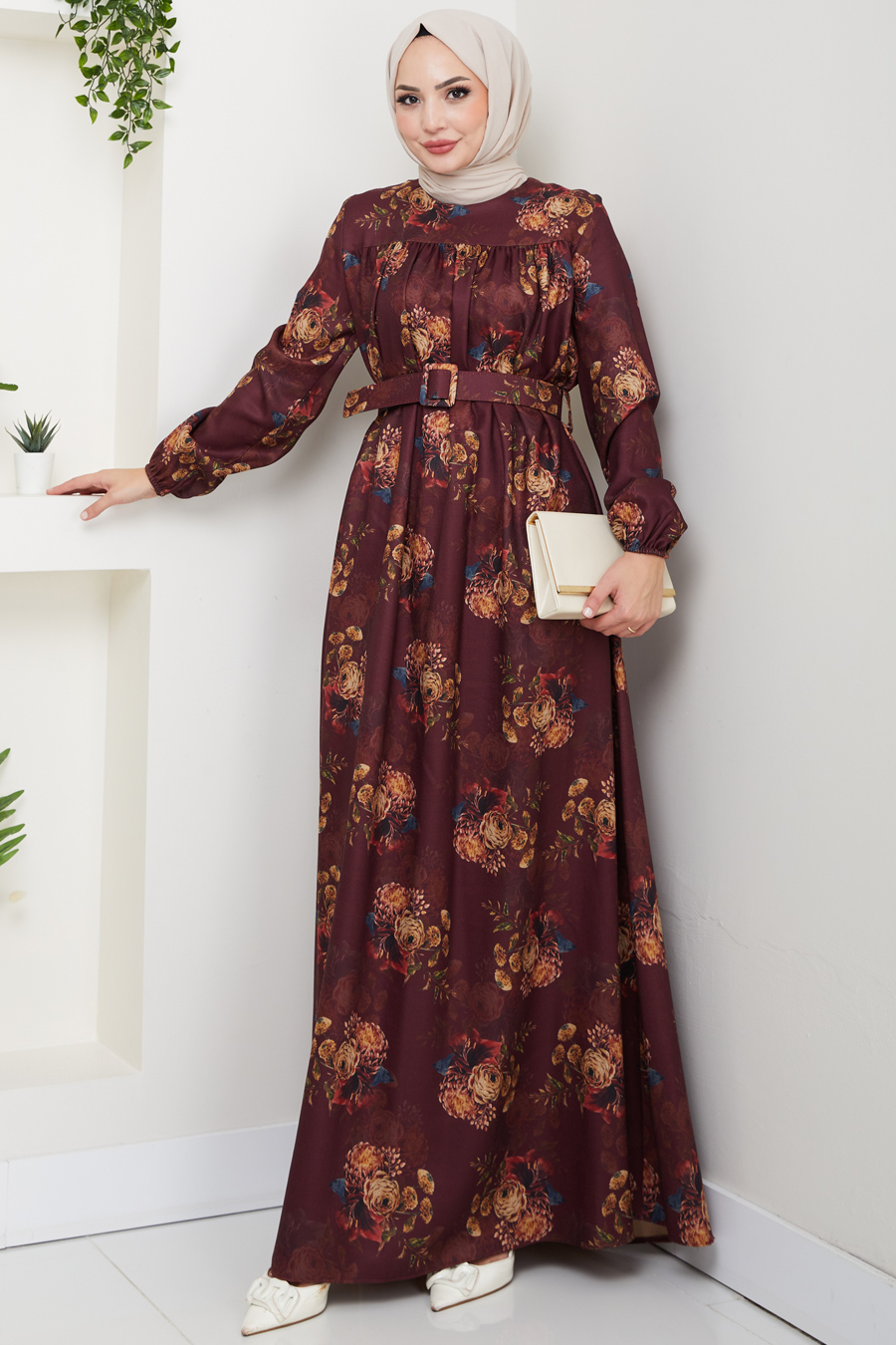 Çiçek Detaylı Tesettür Elbise - Bordo 